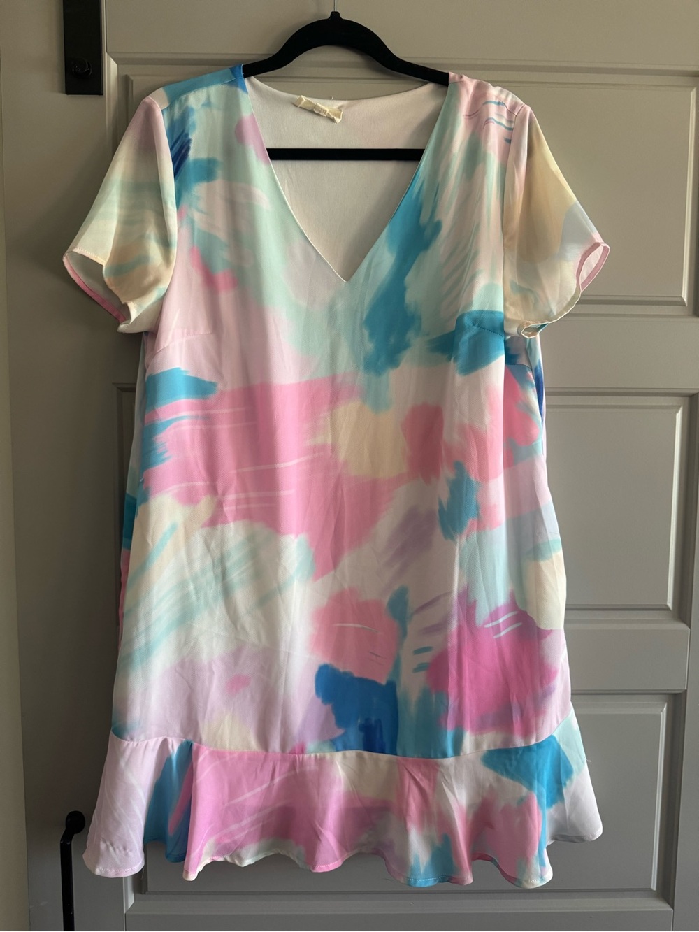 entro Pastel Watercolor V-Neck Ruffle-Hem Dress in Pink, Blue, Cream